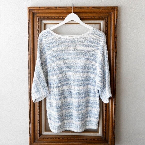 Chico’s Women’s Size1 Medium Linen Blend Striped Tape Yarn V-Neck Knit Pullover - Picture 6 of 7